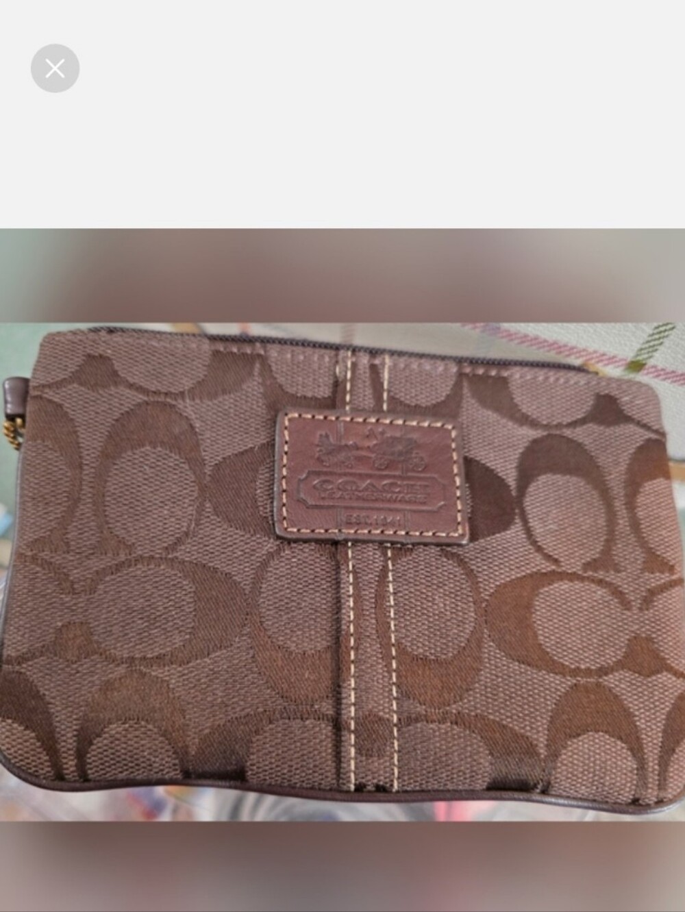 Coach Brown Signature Canvas Wristlet With Tattersall Fabric Interior NWOT